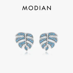 MODIAN Pure 925 Sterling Silver Natural Blue Turquoise Leaves Stud Earrings For Women Original Design Plant Serie Fine Jewelry