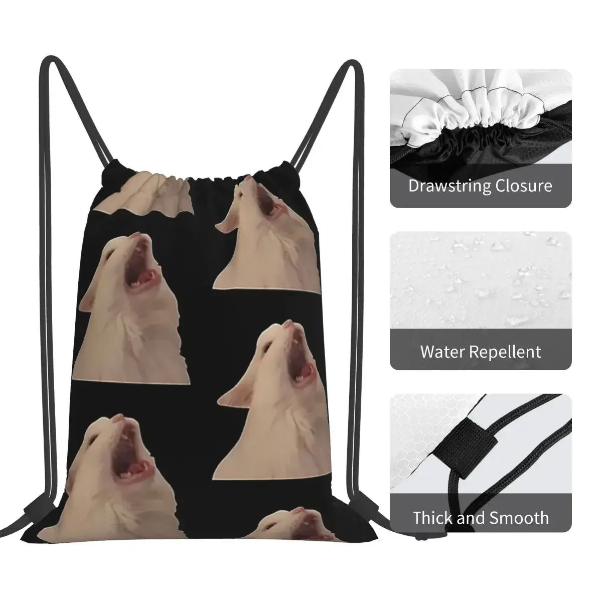 White Cat Screaming Meme Backpacks Portable Drawstring Bags Drawstring Bundle Pocket Storage Bag Book Bags For Travel Students