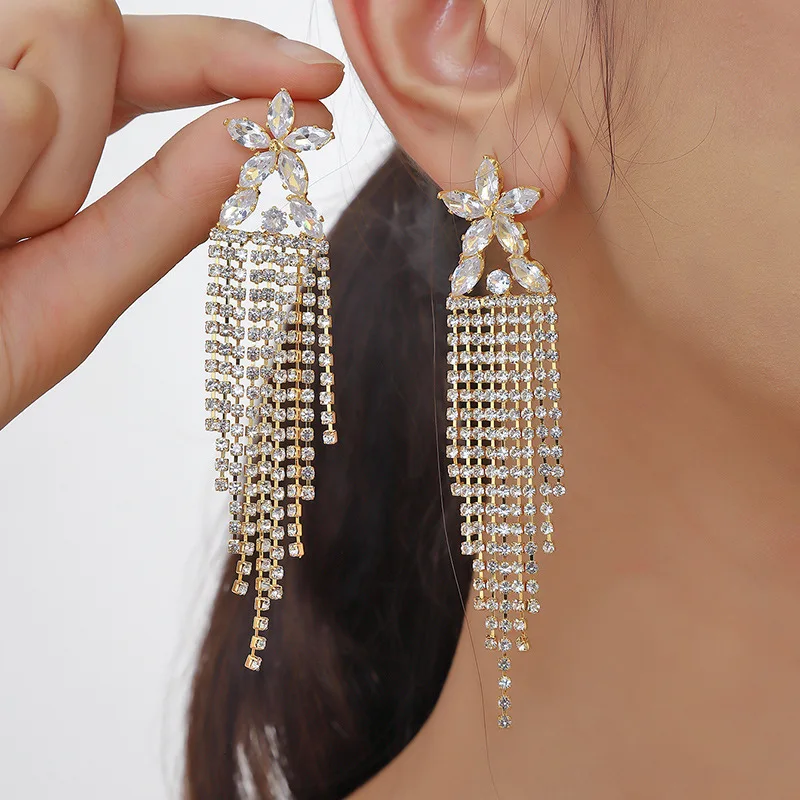 Silver needle with diamonds, zircon flower long fringed earrings, niche versatile stud earrings, super flash temperament exagger
