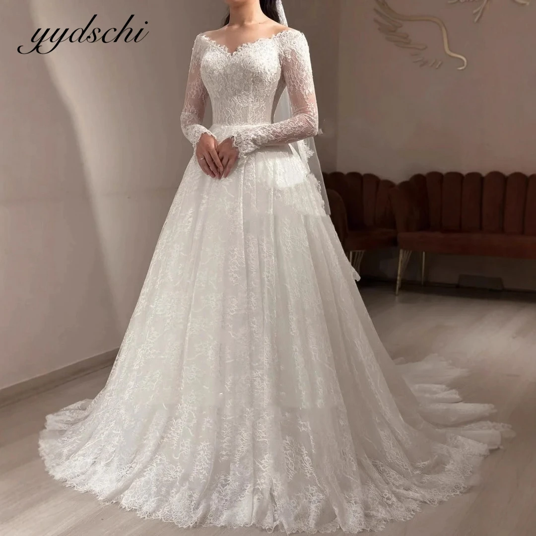 

Индивидуальные свадебные платья из тюля и кружева с v-образным вырезом 2025, длиной до пола, с длинными рукавами и открытой спиной, свадебные платья, платья de novia платье