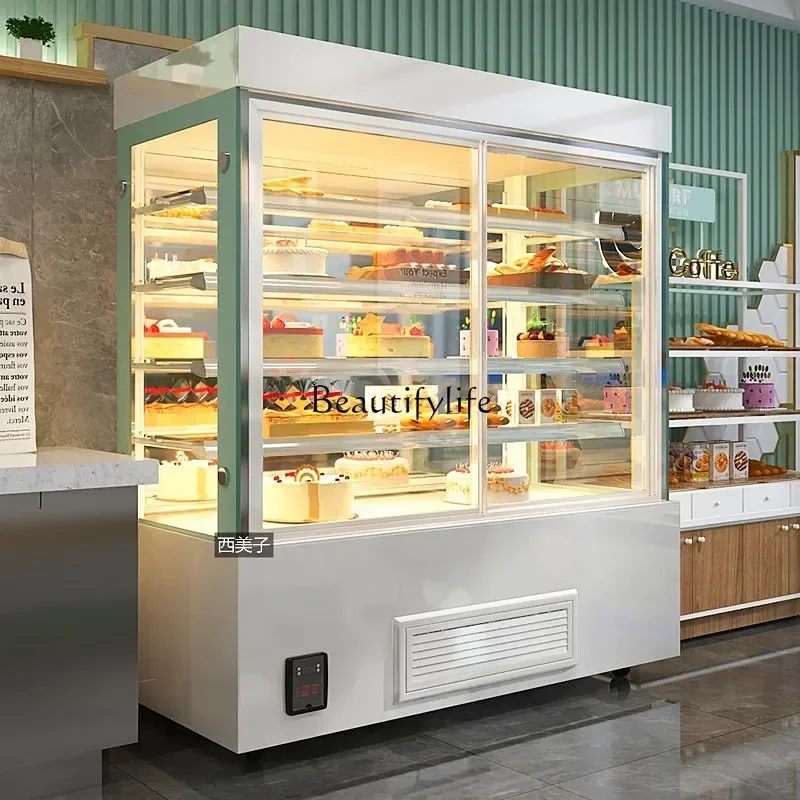 Vertical cake cabinet dessert refrigeration right angle display front door fruit beverage air curtain cabinet open type