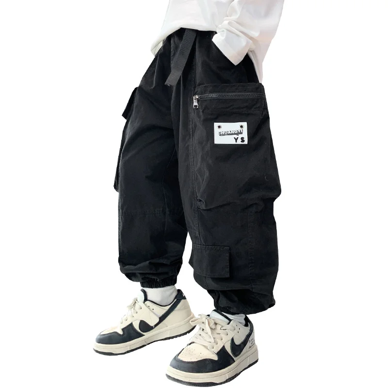 

Korean Fashion Kids Boys Casual Sports Cargo Pants Spring Children Cotton Black Color with Pockets Cargo Trousers 5-14 Years Old