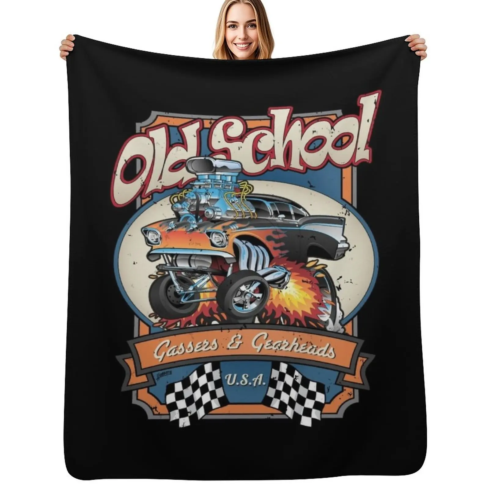 Vintage Old School Gassers and Gearheads Car Cartoon Illustration Throw Blanket Fade Resistant Durable Throw Blanket
