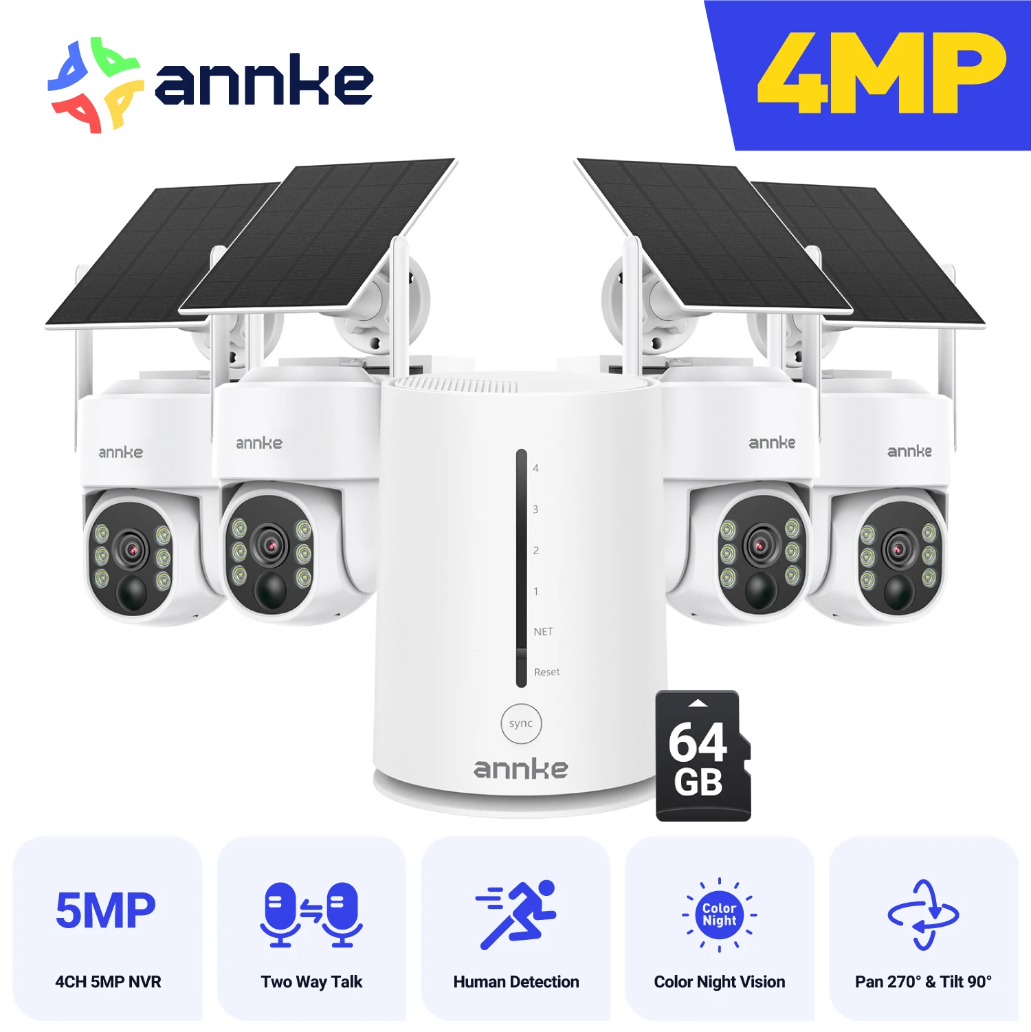 ANNKE 4MP نظام كاميرا أمان لاسلكية قابلة للتطوير 4CH 5MP قاعدة منزلية لاسلكية NVR IP65 4MP PIR اتجاهين الصوت كاميرا PT الشمسية