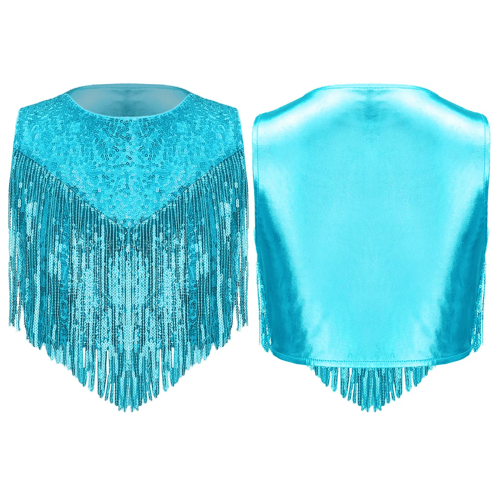 Children's Sequin Tassels Metallic Cape Vests Girls 60s 70s Disco Outfit Rave Festival Outfit Kids Carnival Cowgirl Costumes