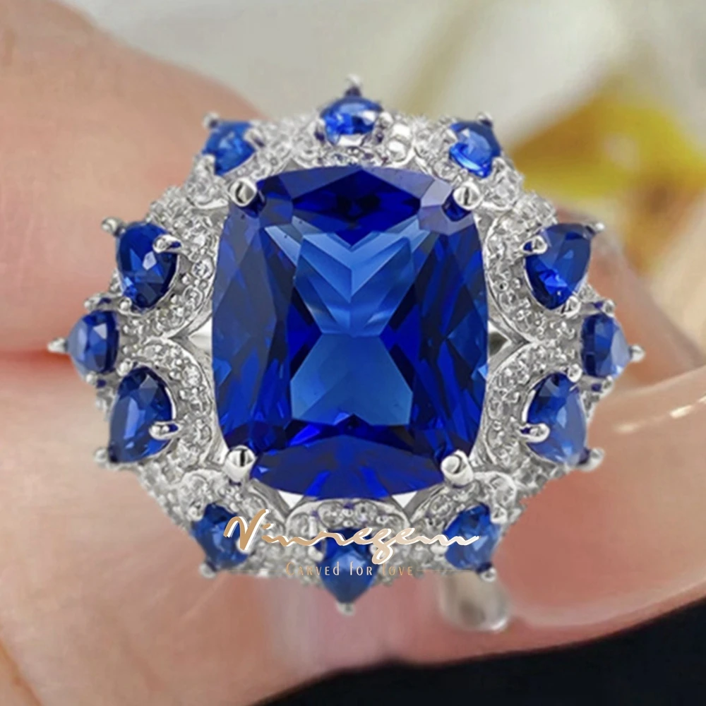 Vinregem 10*12MM Sapphire High Carbon Diamond Gemstone Cocktail Party Ring for Women 100% 925 Sterling Silver Fine Jewelry Gifts