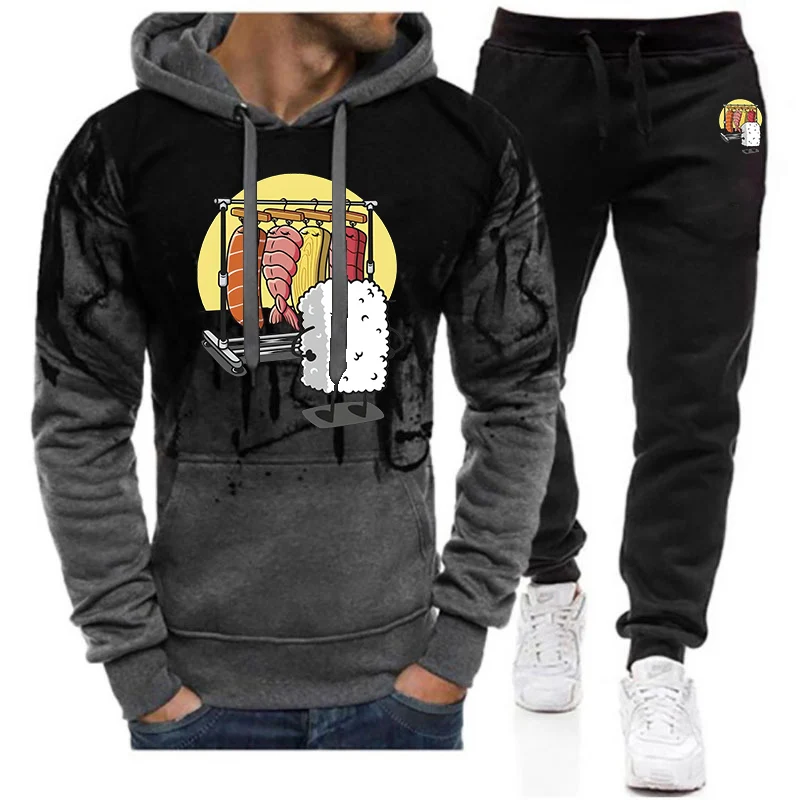 Uomo 2025 Primavera e Autunno Divertente Armadio Sushi Logo Stampa Stile semplice Sfumatura di colore Con coulisse Felpe con cappuccio Pantaloni Tute