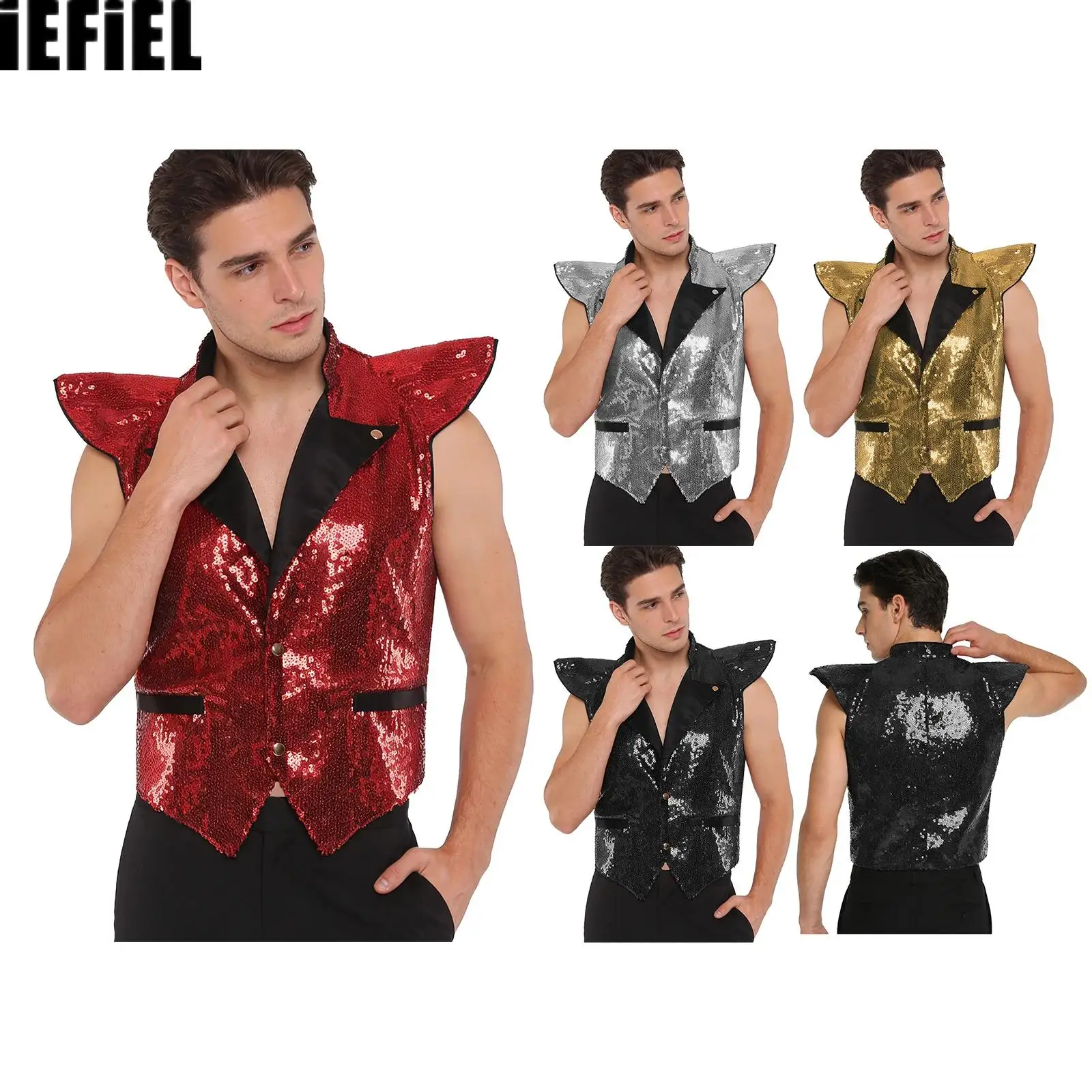 

Mens Glittery Jazz Dance Vest Top Allover Sequin Fly Sleeves Notch Lapel V Neck Sleeveless Fully Lined Tank Vest for Stage Club