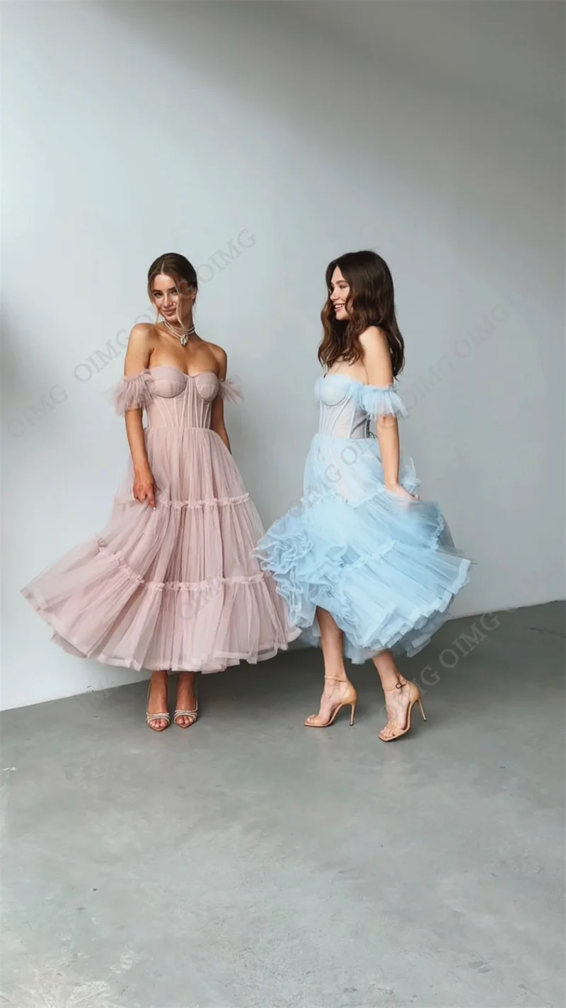 OIMG Sweet Blue/Pink Custom Short Evening Dresses Off Shoulder Tea Length Modern Formal Night Club Prom Gowns Dress 2023