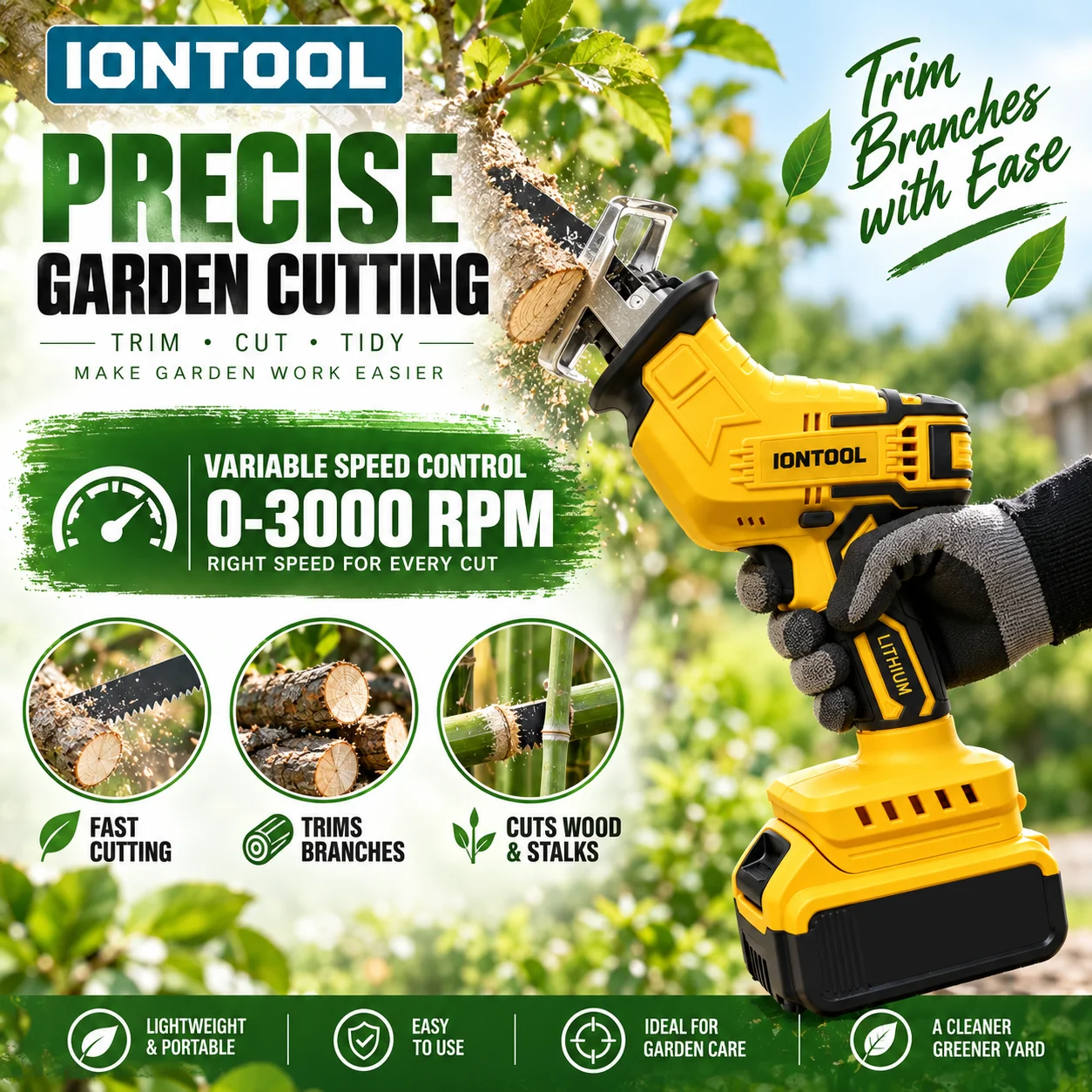 IONTOOL Durable Yellow Cordless Reciprocating Saw 3000rpm For Home Drywall Cutting and Ceiling Cutting and Baseboard Cutting