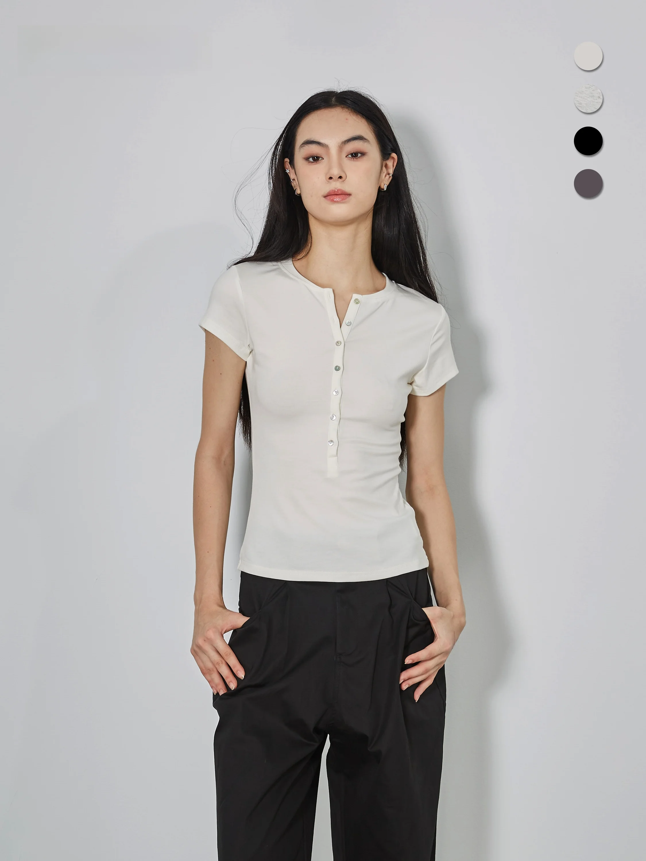 

Slim Fit Cotton T-irt ort Sve Henry Collar Button Design Casual Wear Breathable Elastic Women's Top for Summer