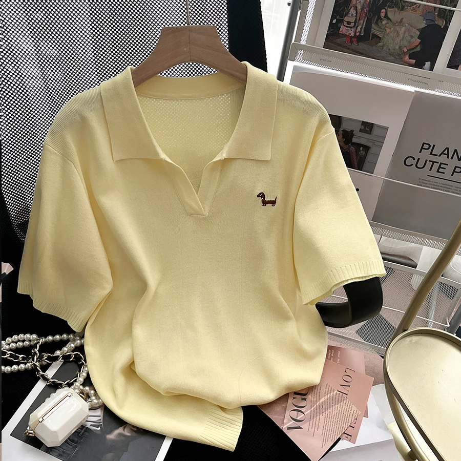 2025 Summer Fashion Flip Collar Short Sleeve T-shirt for Women's Casual Polo Collar Thin Knitted Shirt Tops Female Pullover Tops