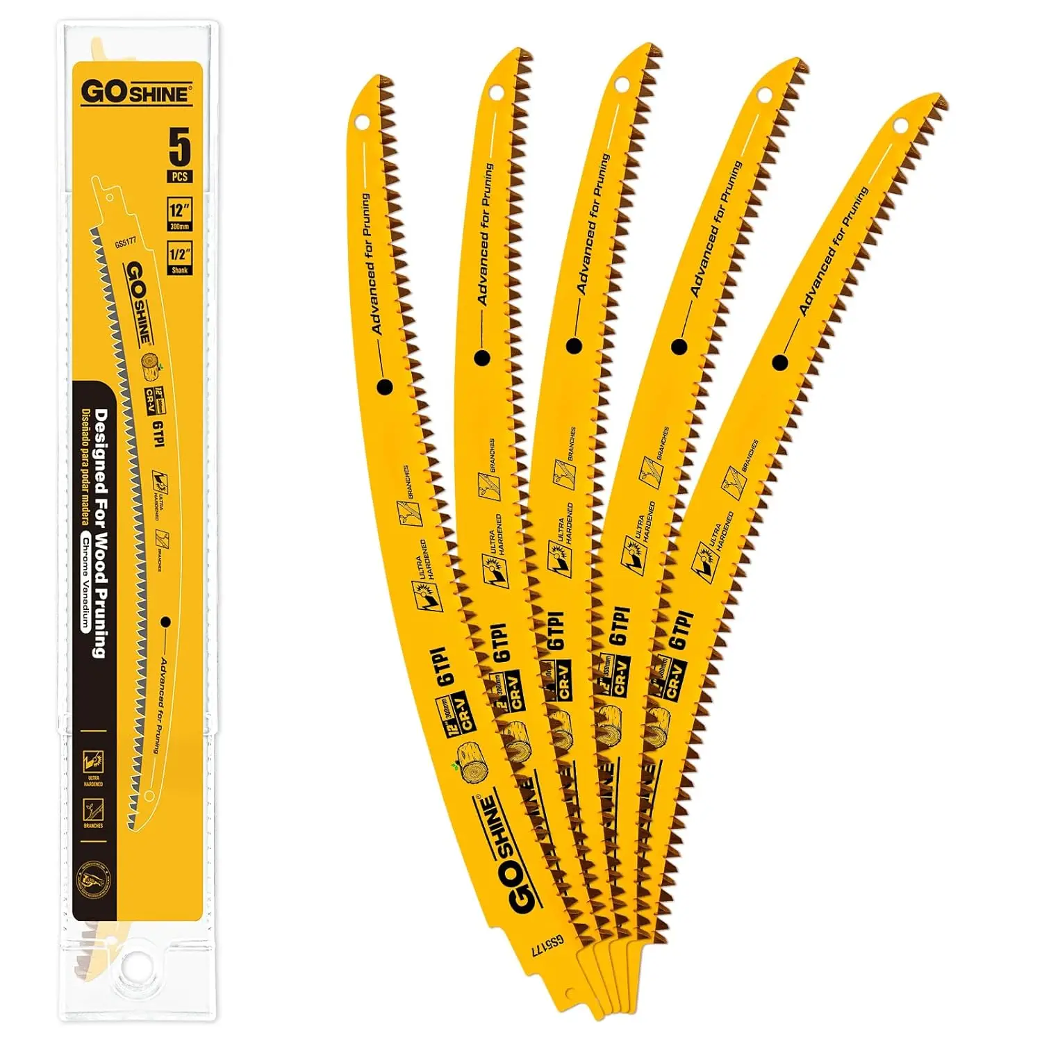 

Набор из 5 лезвий для сабельной пилы по дереву, 12 дюймов, 6TPI, дуговая конструкция для быстрой обрезки деревьев и резки древесины, с коробкой для хранения