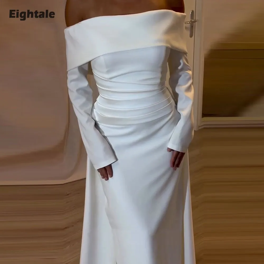 

Eightale Arabic Wedding Dress Customized Ivory High Neck Satin Bridal Gown Muslim Floor Length Long Sleeves Bride Party Dress
