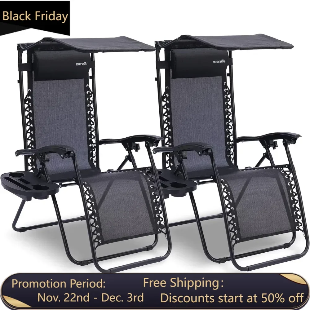 Chairs Set of 2, Chairs with Adjustable Canopy, with Detachable Cup Holder Tray, Foldable Outdoor Chair with Removable Pillows