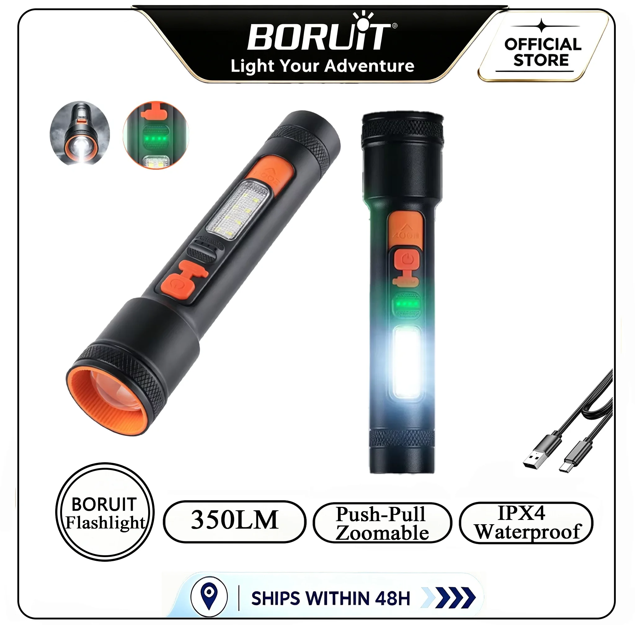 BORUiT 350LM Dual‑Light Zoomable LED Flashlight Type‑C Rechargeable 4‑Level Power Indicator Waterproof EDC Torch For Camping