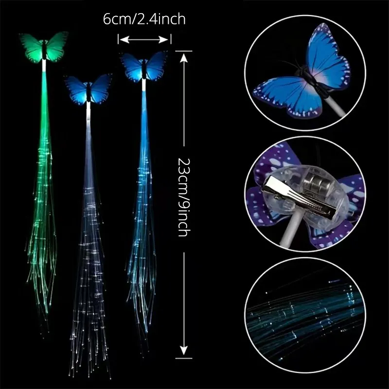 6PCs Colorful Luminous Braids Butterfly Glitter Fiber Optic Hair LED Silk Braids Bar Prom Aid Supplies Hairband Hair Decor