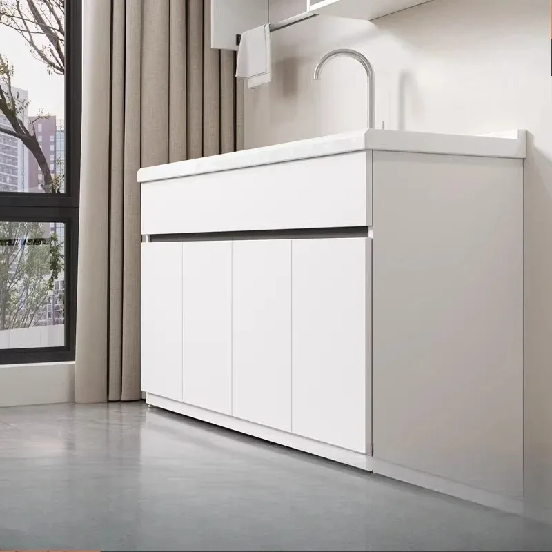 Artificial quartz integrated laundry table with diagonal washboard Honeycomb aluminum full board All aluminum laundry cabinet