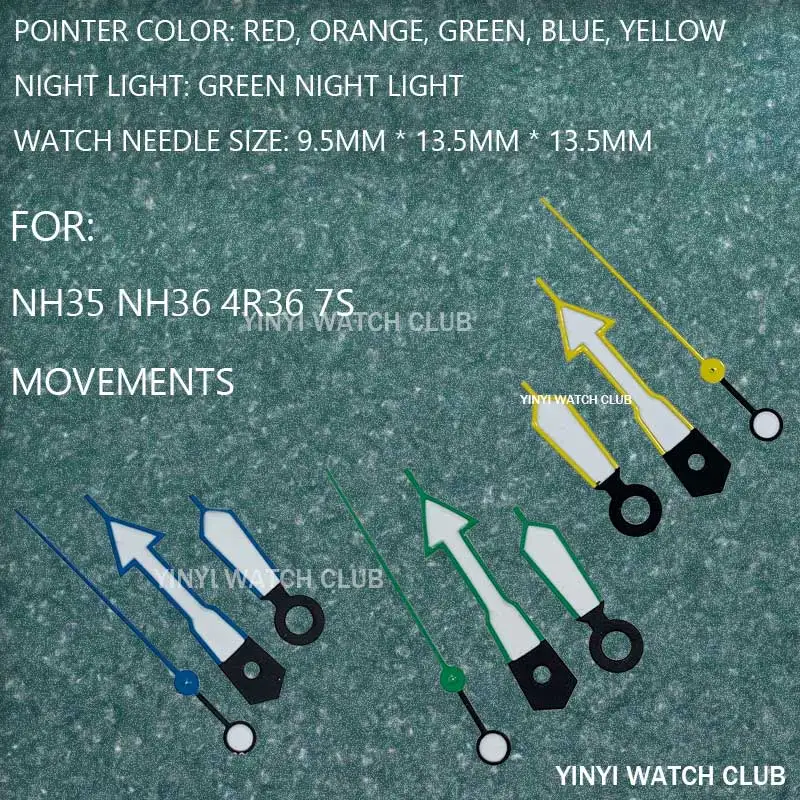 Watch hand Green Blue Red Yellow Orange with green night light watch accessories watch pins for NH35/ NH36/ 4R36 Movements