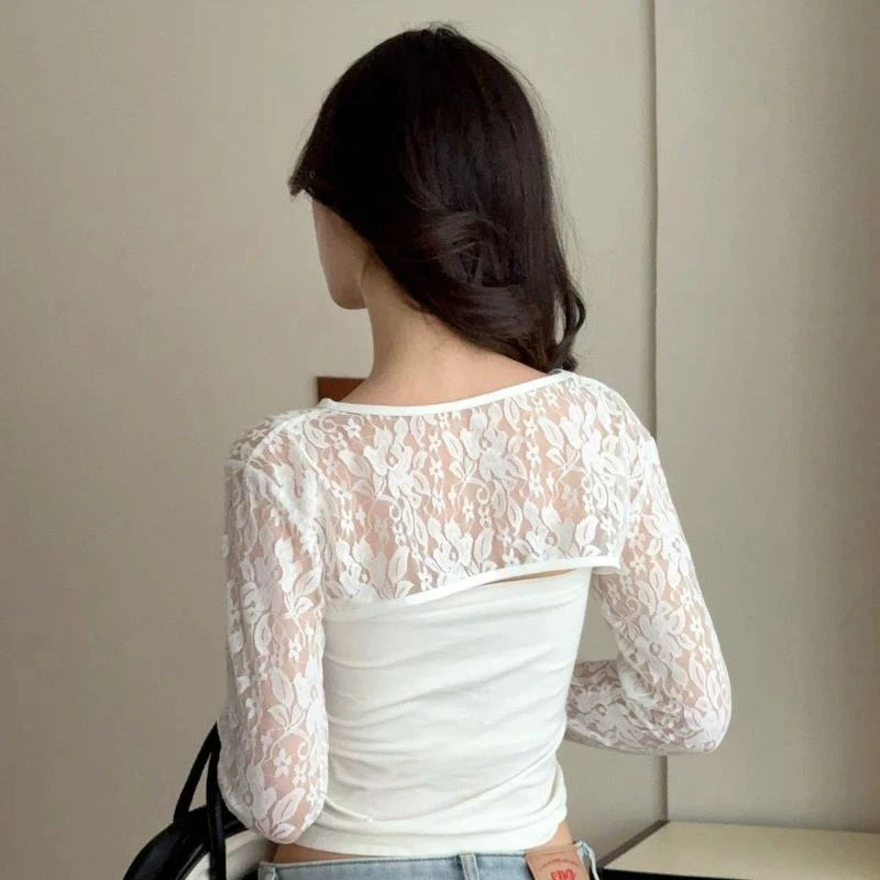Womens Solid Lace Long Sleeve See Through Top Hollow Out Chic Style For Parties and Holiday Outfits
