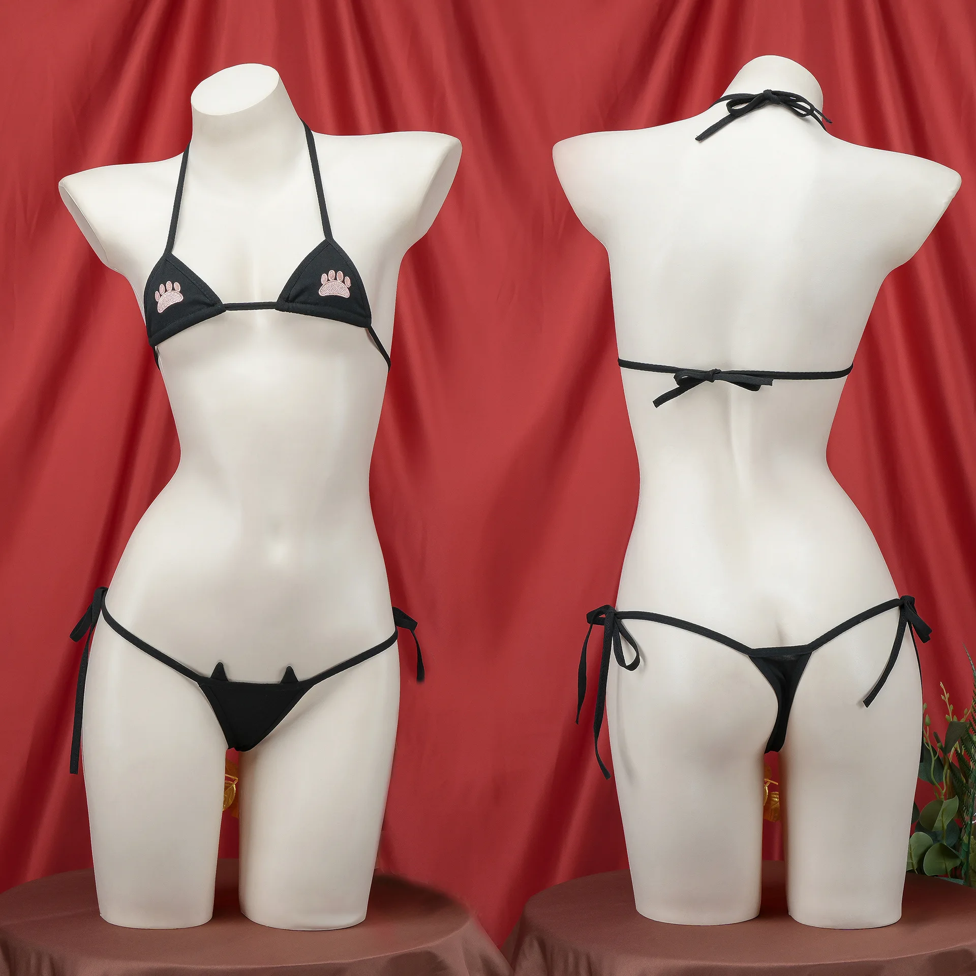 Japanese Kawaii Sexy Lingerie Women Bikini Set Cat Claw Printed Three Point Micro Bra and Panties Mini Swimsuit Bathing Suit