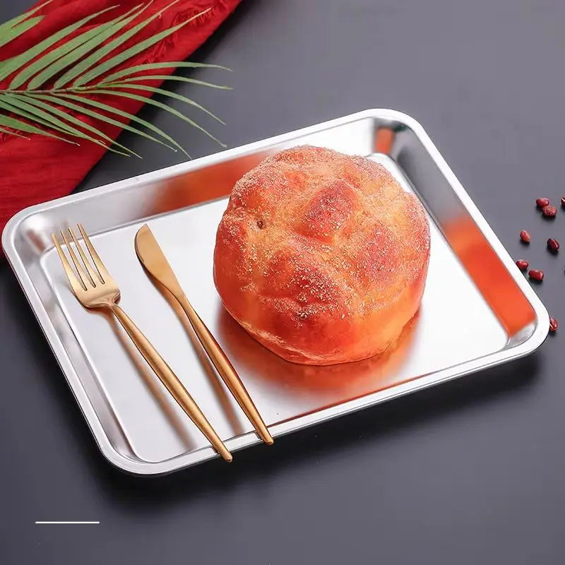 

Kitchen Food Storage Shallow Serving Tray Stainless Steel Steaming Plate Fruit BBQ Dish Rectangle Bread Cake Baking Pan Bakeware