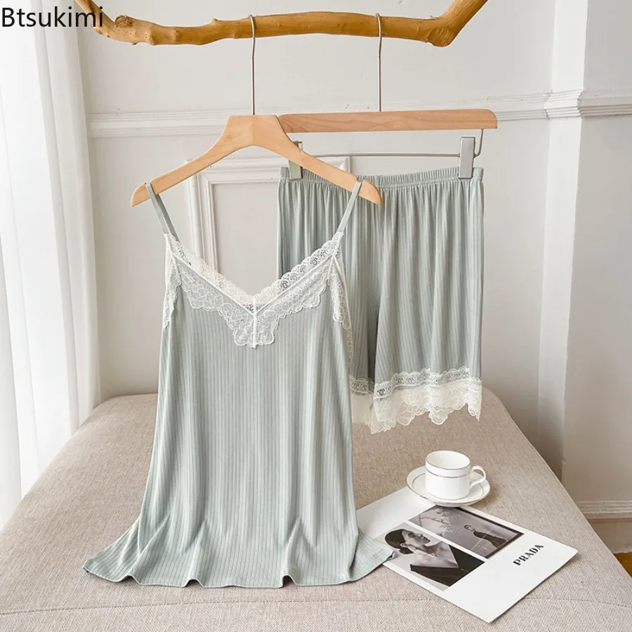 Women's Summer Pajamas Sexy Sleeveless Pajama Set Lace Suspender Shorts Homewear Two-piece Set Romantic Sexy Sleepwear Female