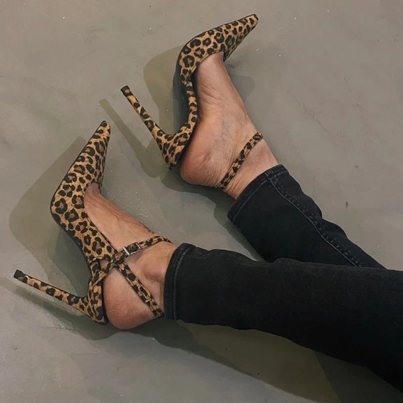 

Sexy Leopard Suede Buckle Strap High Heel Shoes Pointed toe Stretch Cloth Cutout Female Banquet Evening Pumps