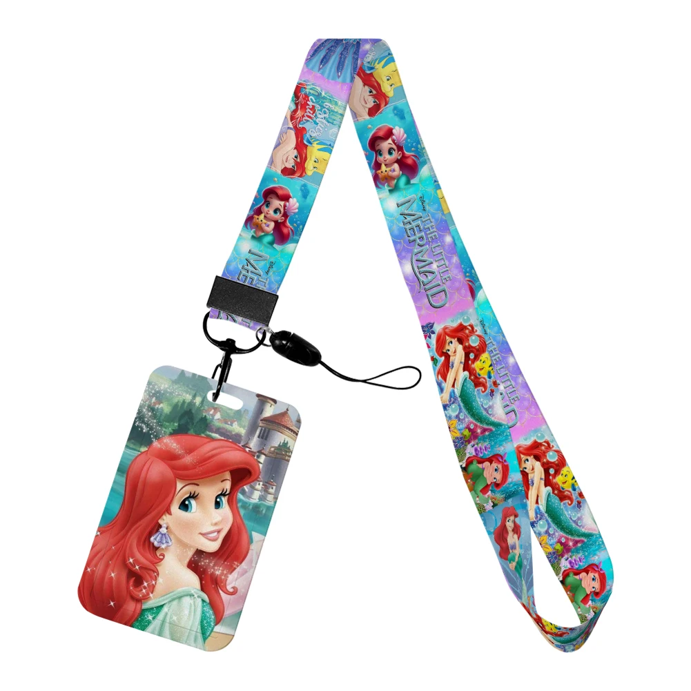 Disney Little Mermaid เด็ก ABS สไลด์ ID บัตรเครดิตผู้ถือบัตรรถบัส Charm ผู้ถือป้ายสายคล้องคอพวงกุญแจ