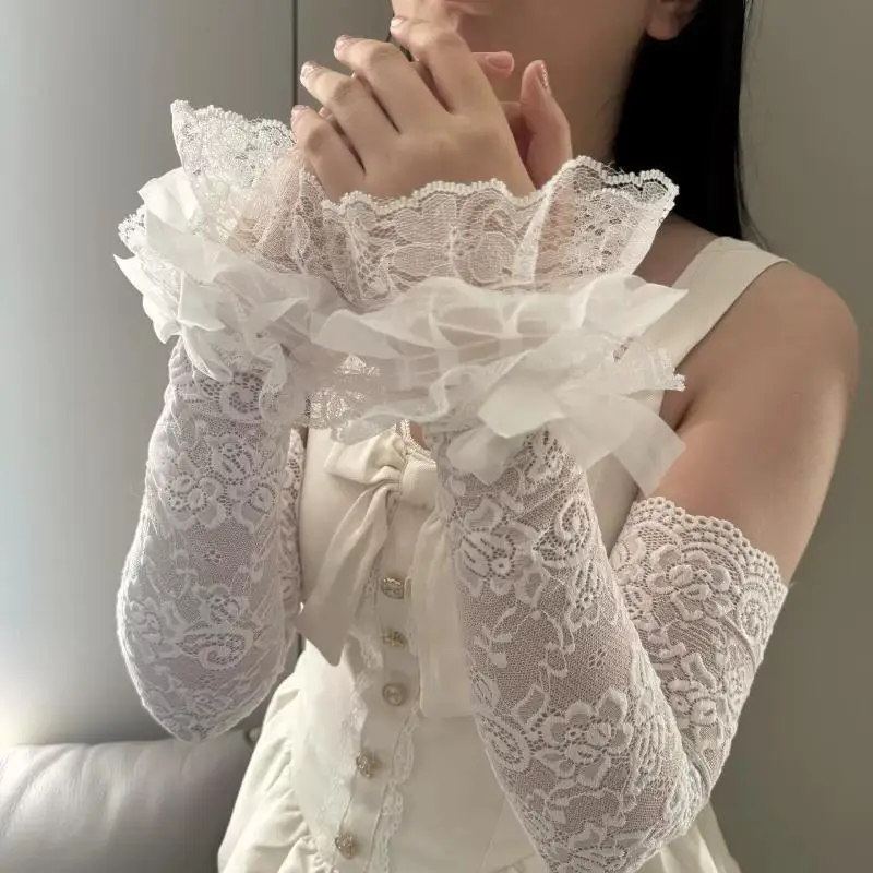 Vintage Lolita JK Lace Fingerless Gloves Women Elastic Fake Long Arm Sleeves for Retro Theme Party Stage