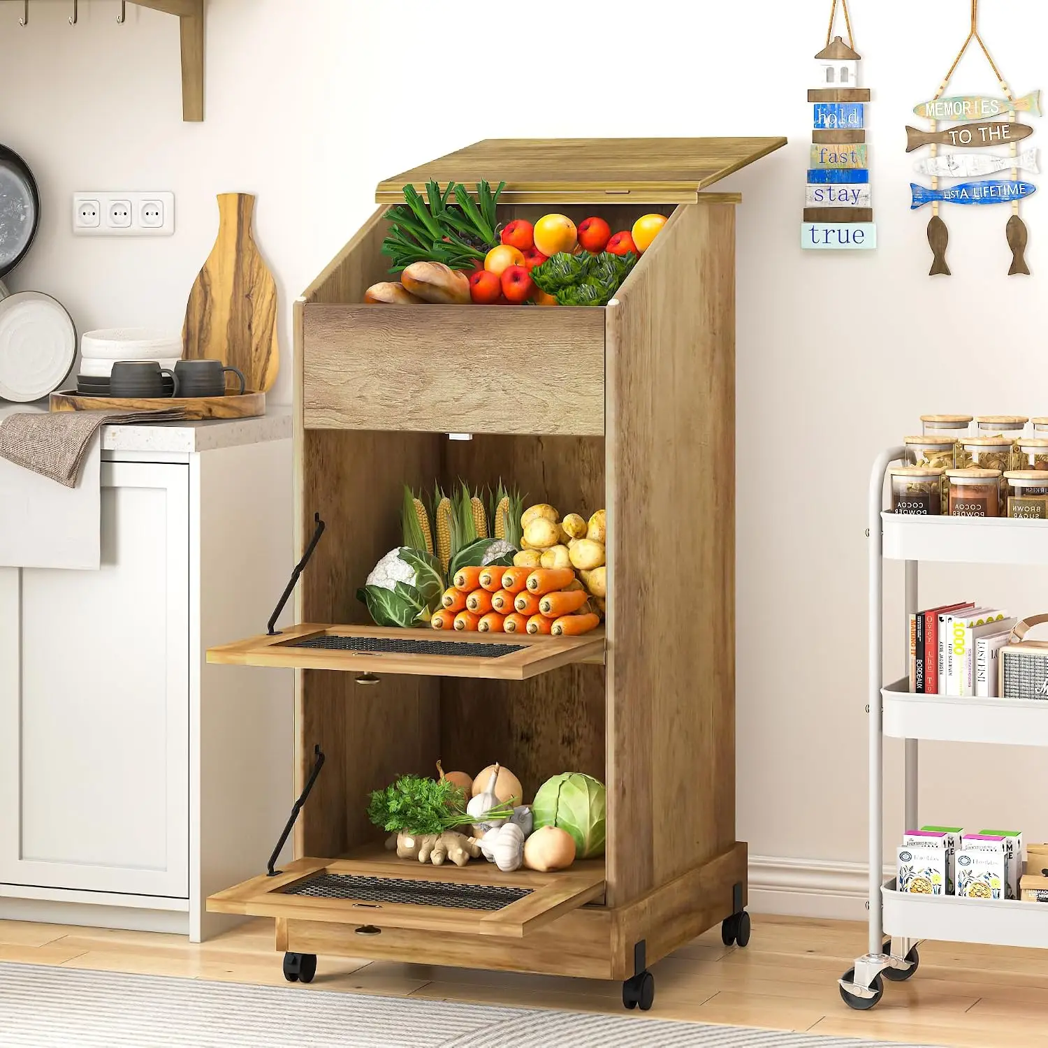 Wood Potato Storage Cabinets On Wheels, 3 Tiers Rolling Kitchen Storage Box For Vegetable Bread Food Onion, Rustic Farmhouse Pantry Organizer Bin Cart, Brown, 1 Piece