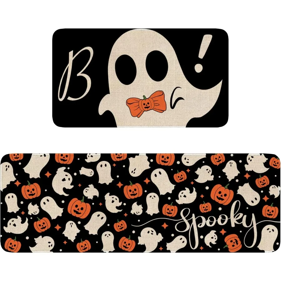 

Halloween Kitchen Rugs and Mat Set of 2 Spooky Kitchen Mats for Floor Ghost Boo Sink Mats Halloween Home Decor Doormat + Runner