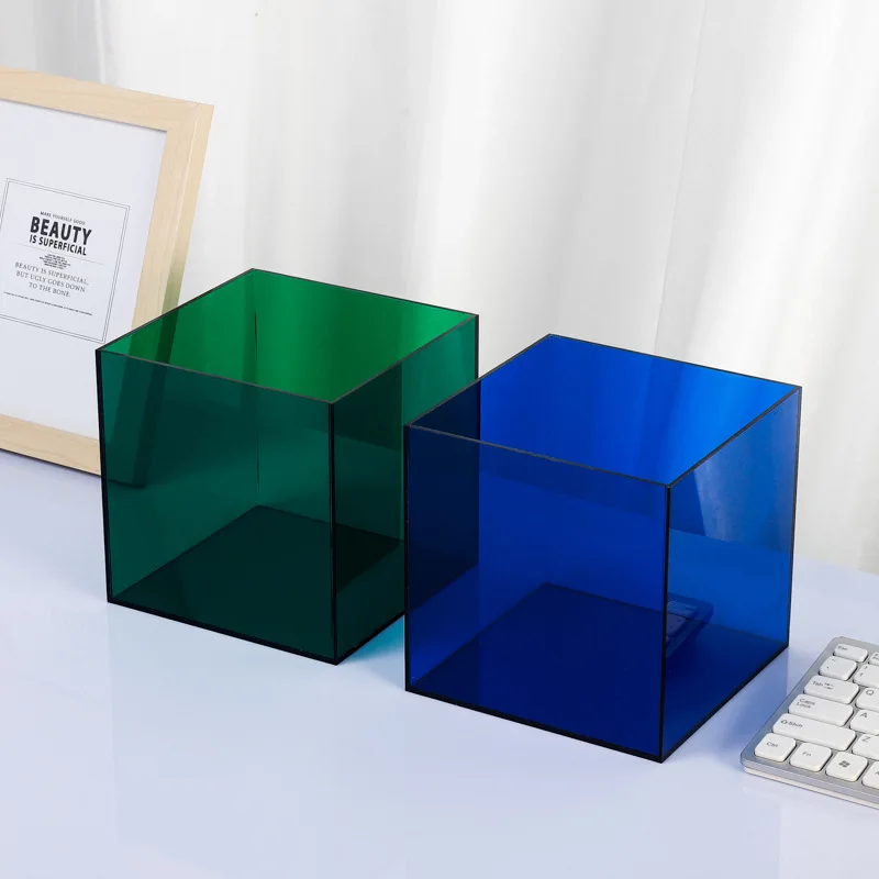 Color Acrylic Cube Display Stand Square Storage Box Tray Retail Shop Holder Pen Cosmetics Finishing Box Miscellaneous Organizer