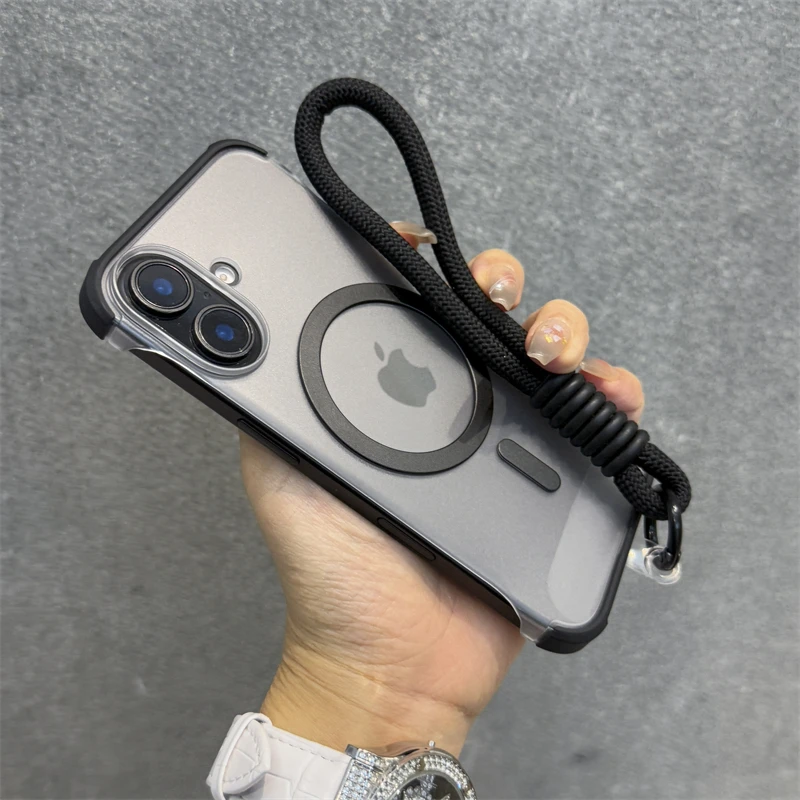 Frameless For Magsafe Magnetic Matte Case For iPhone 16 Pro Max 12 13 14 15 Plus Wrist Strap Cord Soft Shockproof Bumper Cover