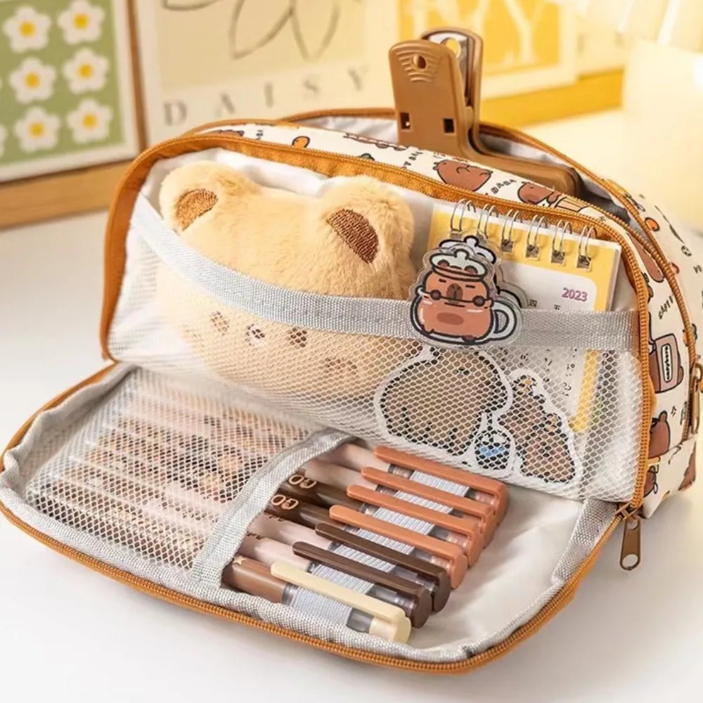 New Cartoon Capybara Stationery Bag Canvas Multi Layer Pencil Bag Large Capacity Cute Bear Dogs Pencil Case Student Accessories