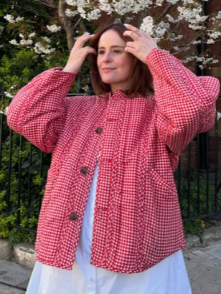 

Винтажная стеганая куртка с цветочным принтом/полосатым принтом, модная женская куртка с круглым вырезом и пуговицами, с длинным рукавом и принтом, повседневная женская верхняя одежда для поездок на работу