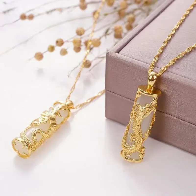 Gold Silk Jade Inlaid Dragon and Phoenix Jade Pendant, The Same Jade Necklace for Men and Women