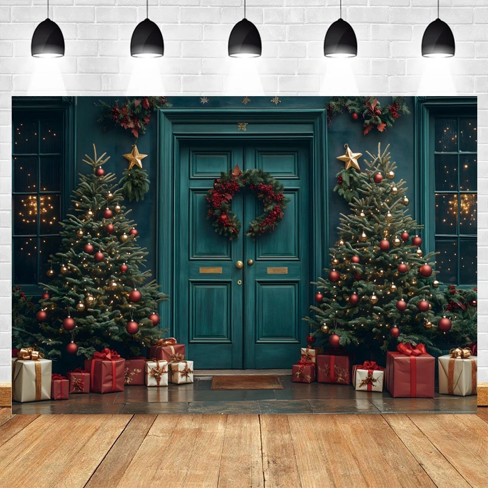 Merry Christmas Backdrop Photography Green Wall Xmas Tree Gifts Bell Baby Photo Photographic Family Party Decor Background Props