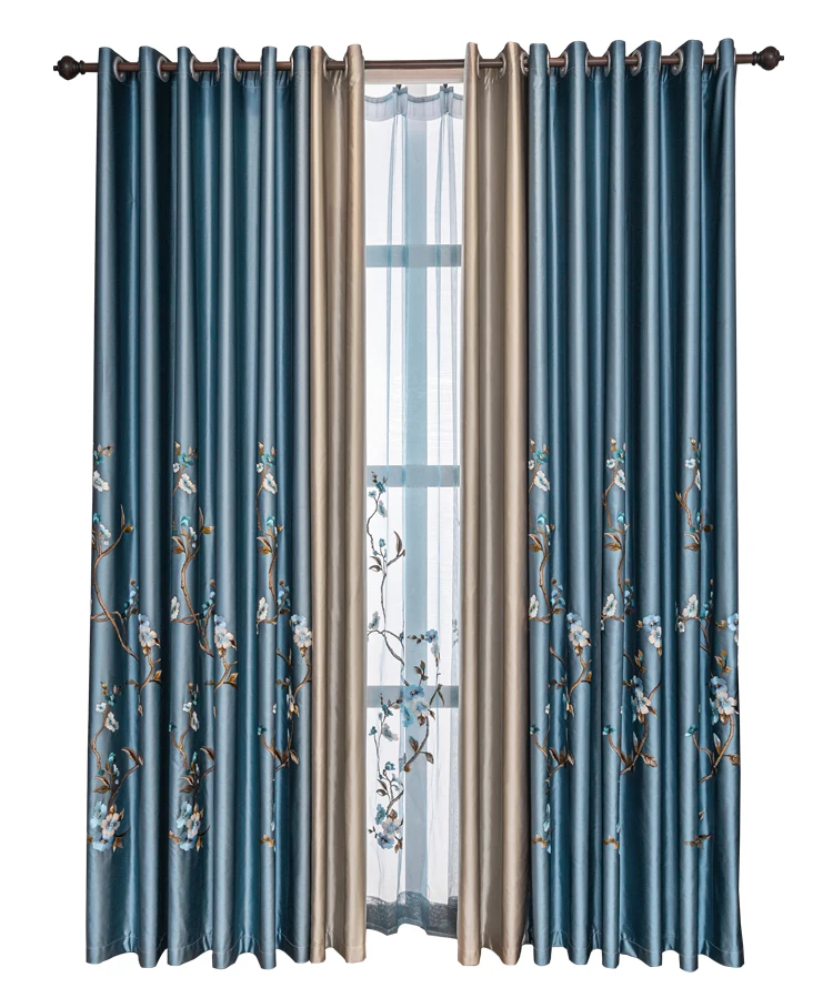 

Custom size European Embroidered Luxury Curtains for Living Room Bedroom Blackout Blue Embroidered Window Tulle Screen Valance