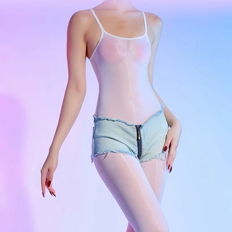 

Women Sexy Sling Sleeveless Crotchless Bodysuit 8D Oil Shiny Silky Transparent Full Body Stockings Erotic Cosplay Costumes