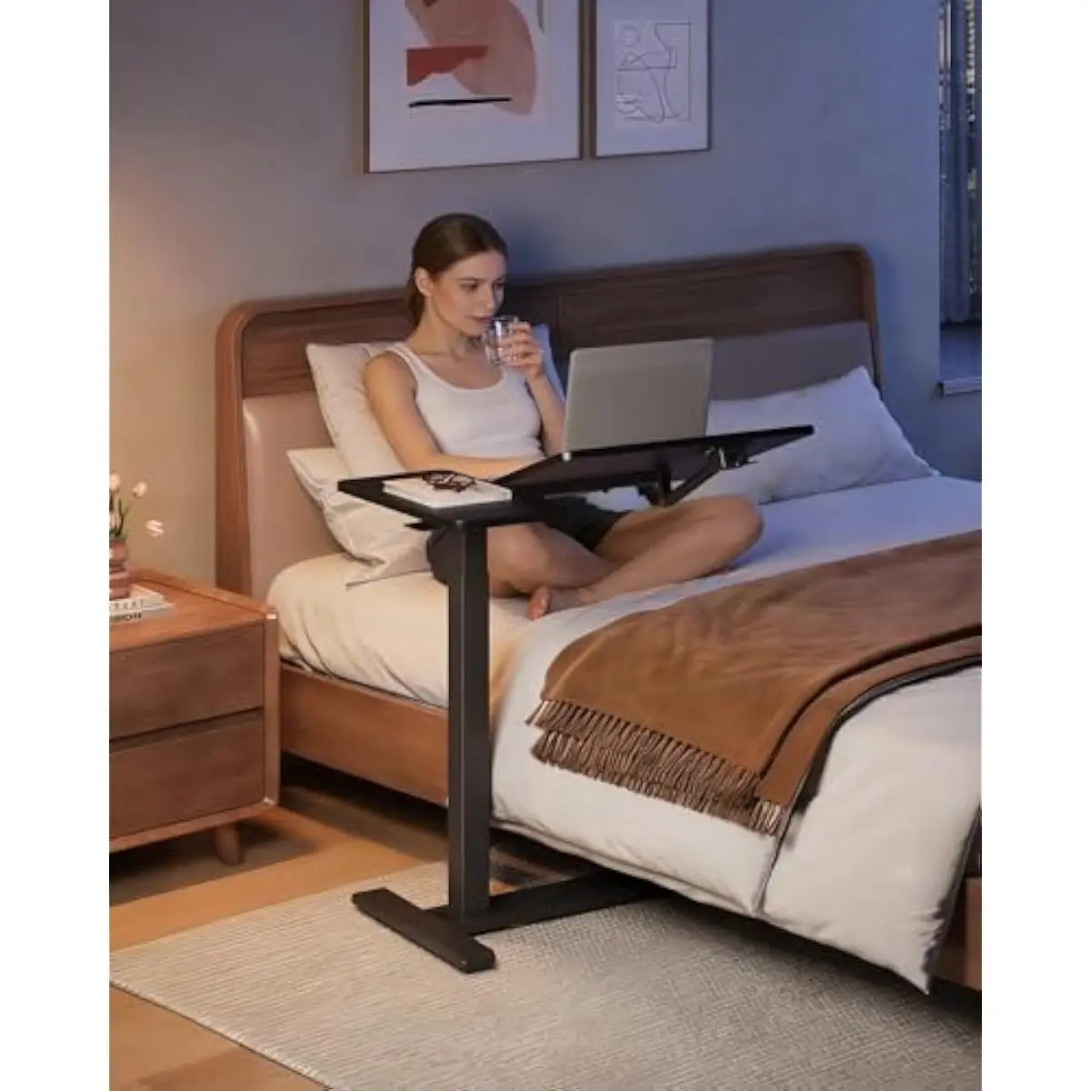 28 Inch Adjustable Height Rolling Desk with Gas Spring Lift Mechanism Tilting Desktop 0-54 Degrees Lockable 360 Swivel Casters E