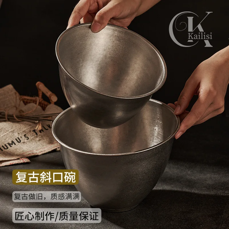 

Retro stainless steel lettuce bucket old barbecue vegetable bucket snack bowl trash can oblique bowl hot pot hall seasoning bowl