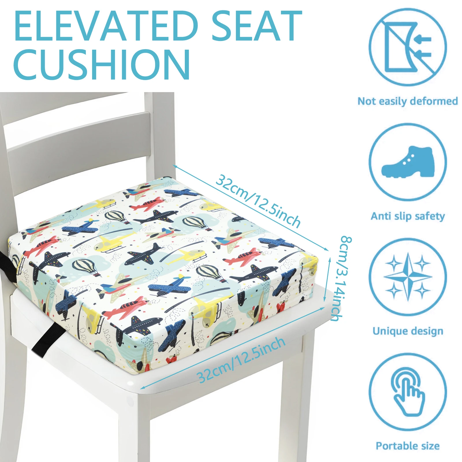 Booster Seat Cushion Children Increased Sitting Cushion Kids Non Slip Pad Baby Dining High Chair Cushions with Adjustable Belt