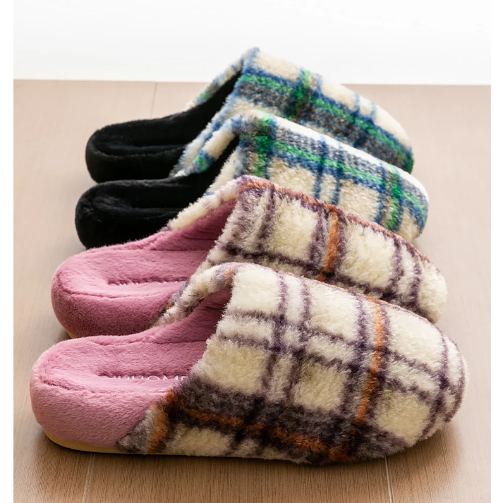 

Модные домашние тапочки в клетку в стиле ретро, удобные и нескользящие плюшевые туфли на одну ногу, туфли на плоской подошве для пары, спальни, гостиной