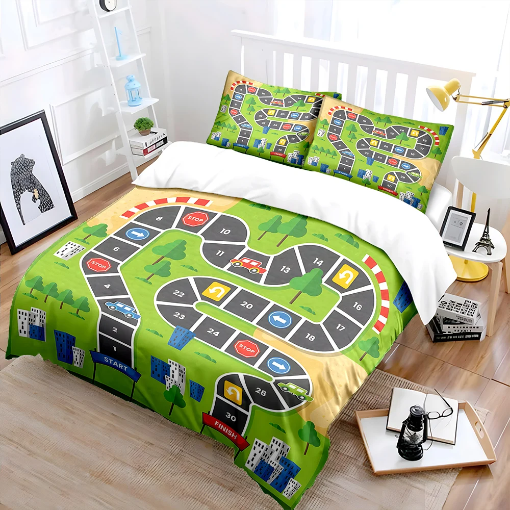 Cartoon Track map with vehicles Bedding Set for Kids Luxury Gift 3pcs Digital Print Comforter Set Soft Comfortable Breathable