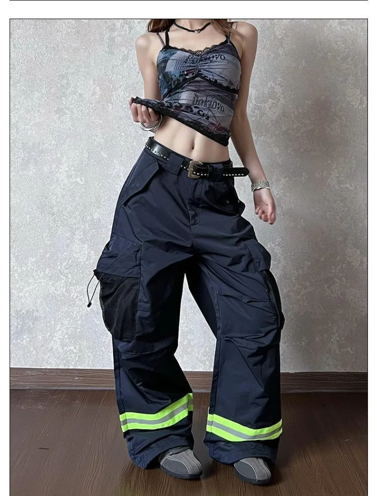 Women's Multi Pocket Reflective Strip Design Pants Casual Summer Bottoms Unisex High Waisted Trousers Female Wide Leg Sweatpants