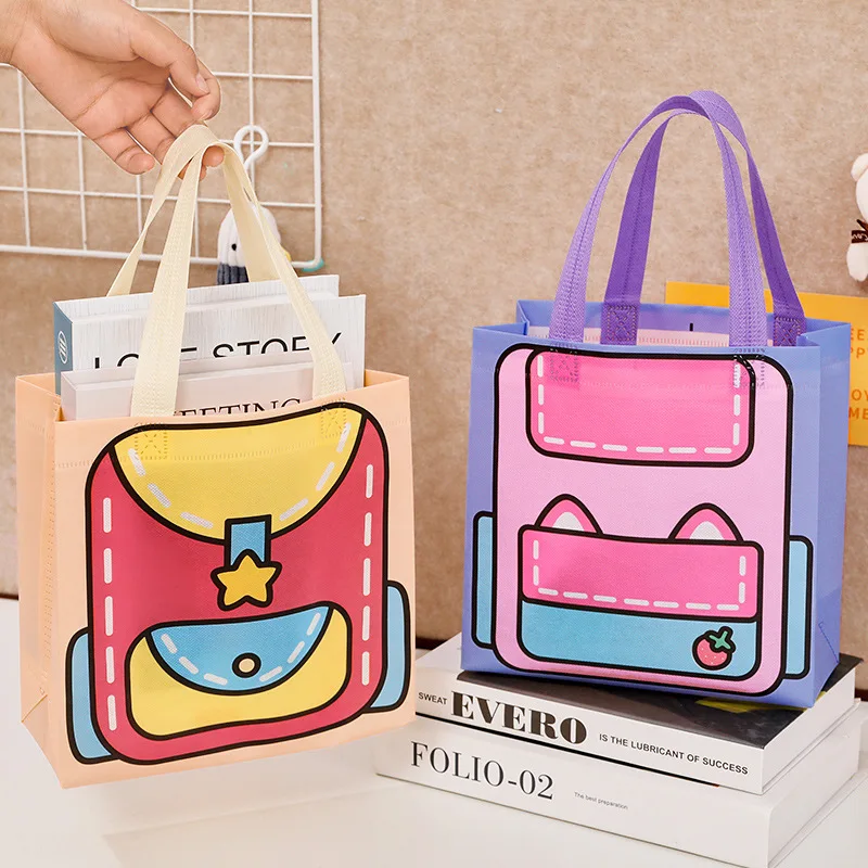 1-4PCS Aesthetic Dopamine Color Cartoon Backpack Pattern Tote Bag, Reusable Non-woven Hand Bag, Portable Small Shopping Bag