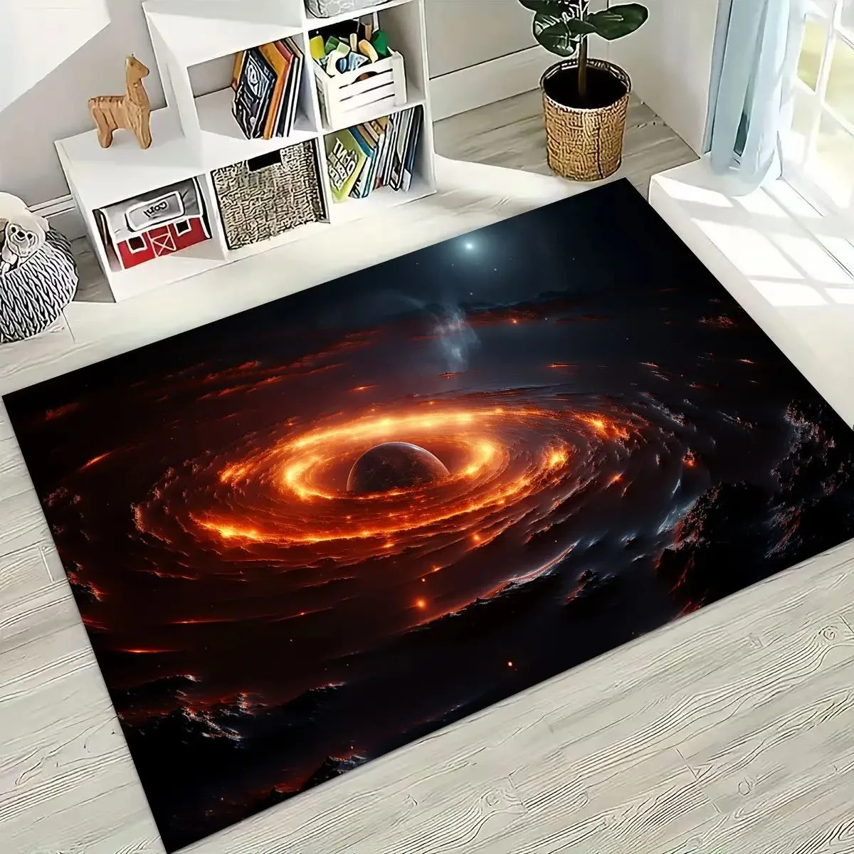 Tapis d'entrée volcanique avec disque d'accrédition orange lumineux autour d'un planète sombre, tapis d'entrée spectaculaire pour décoration industrielle ou gothique