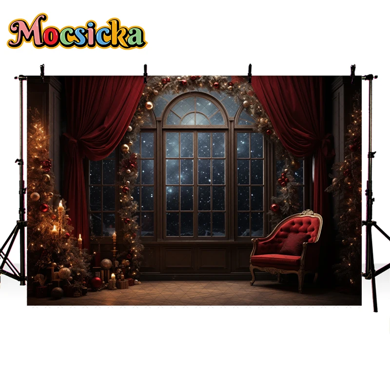 Indoor Christmas Window Backdrop For Kids Family Portrait Birthday Party Photography Xmas Tree Glitter Stars Red Curtain Decor