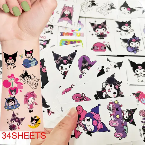 68pc(34sheets) 3D Cartoon Kuromi Temporary Tattoo Sticker Kawaii Children Fake Tatoo Sticker Waterproof Melody Body Art Decals##